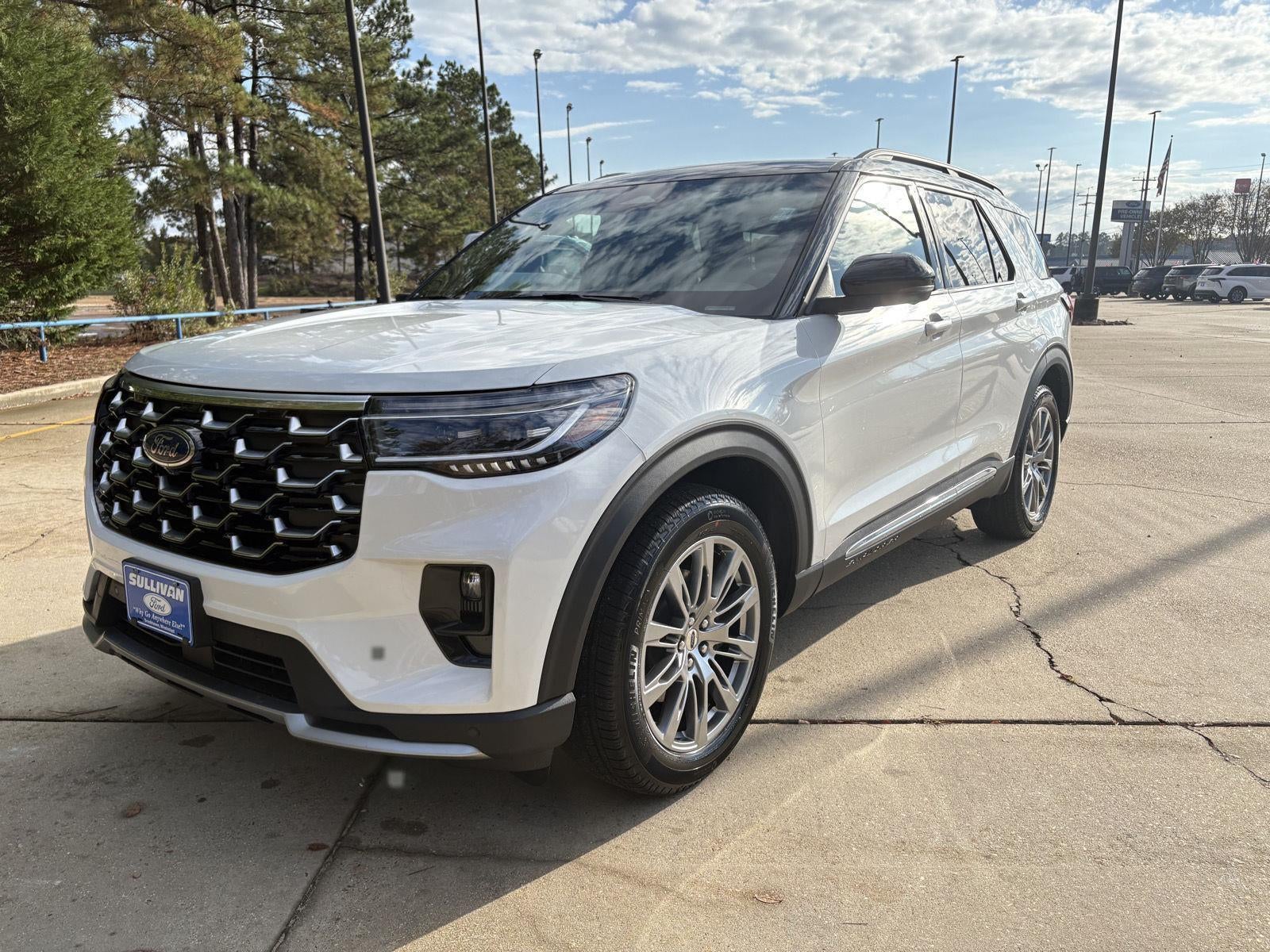 2026 Ford Explorer Platinum in Star White Metallic Tri-Coat — front three-quarter view